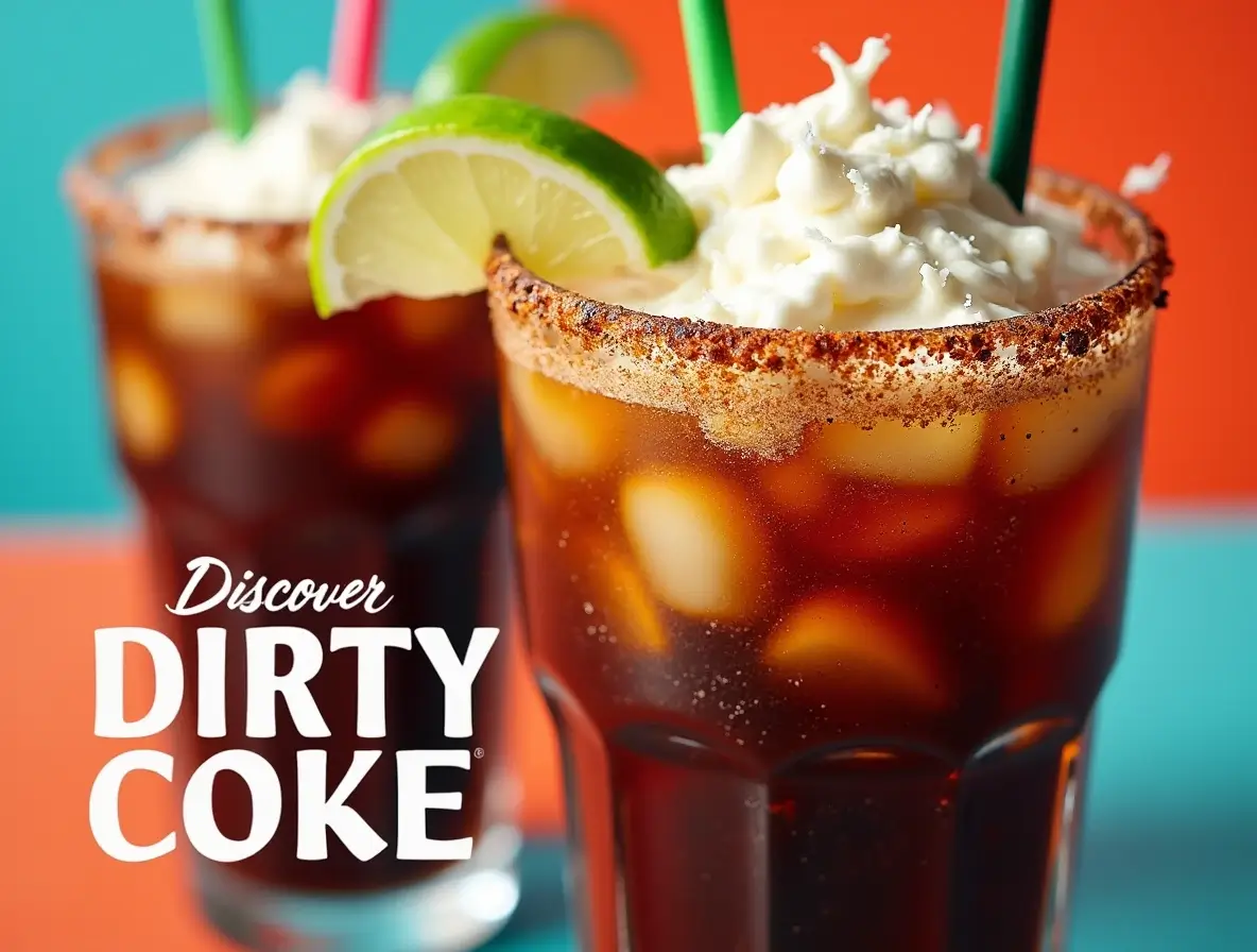 A refreshing glass of Dirty Coke topped with coconut syrup and lime, served with a straw.