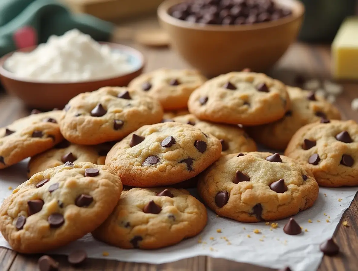 Close-up of gooey Disney Chocolate Chip Cookies with melted chocolate chips and a soft, chewy texture