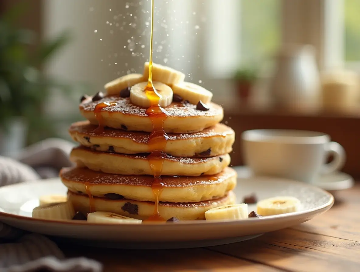 Close-up of banana chocolate chip pancakes with melted chocolate chips and fresh banana slices on top