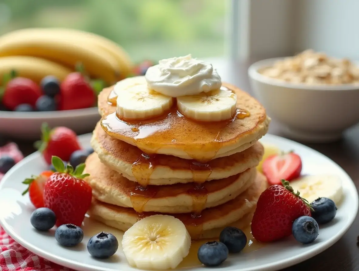 Close-up of protein banana pancakes with Greek yogurt, fresh berries, and a drizzle of maple syrup