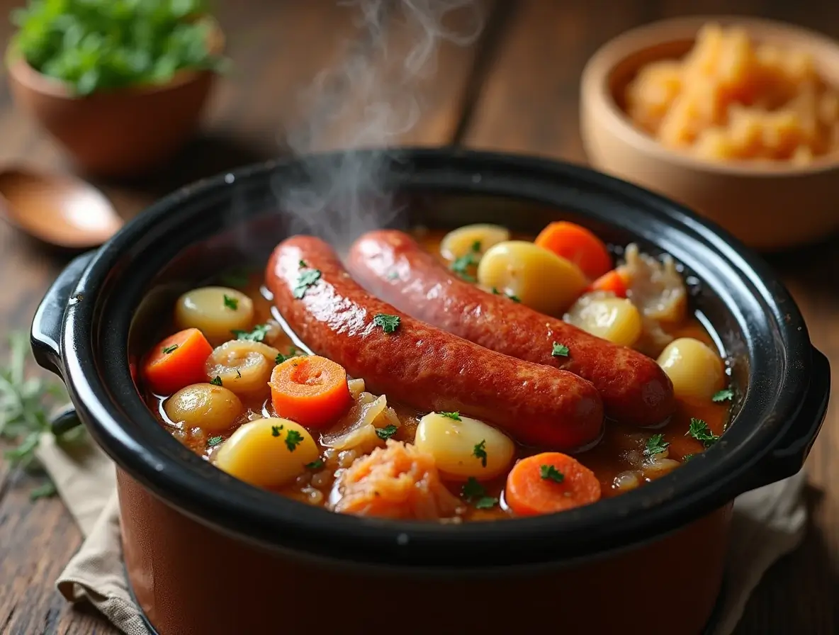 Kielbasa with sauerkraut cooking in a slow cooker