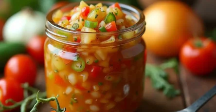 Southern Chow Chow Relish recipe in a mason jar with fresh vegetables around it.