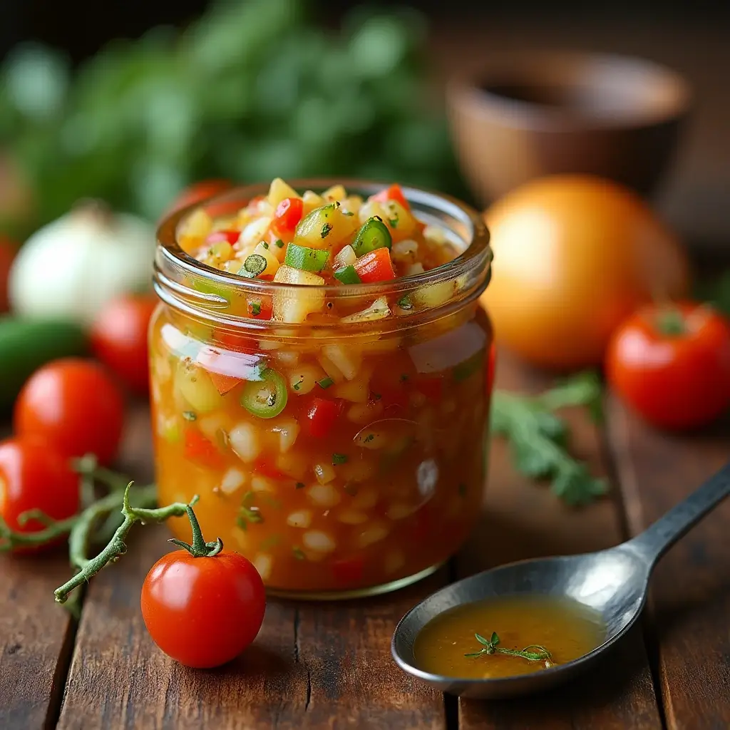 Southern Chow Chow Relish recipe in a mason jar with fresh vegetables around it.
