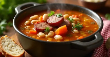 A steaming bowl of Easy Sausage Bean Soup served on a rustic wooden table with a slice of crusty bread.