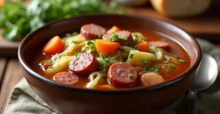 Close-up of a rustic bowl filled with easy sausage and cabbage soup, with sausage chunks, tender cabbage, and a rich broth, placed on a wooden table with a spoon and cloth napkin beside it.