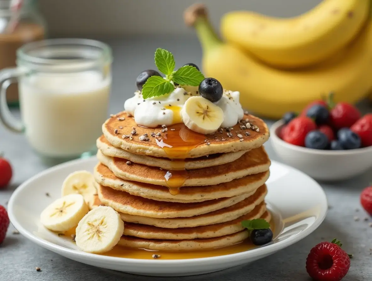 Close-up of banana protein pancakes with toppings like peanut butter and fresh berries