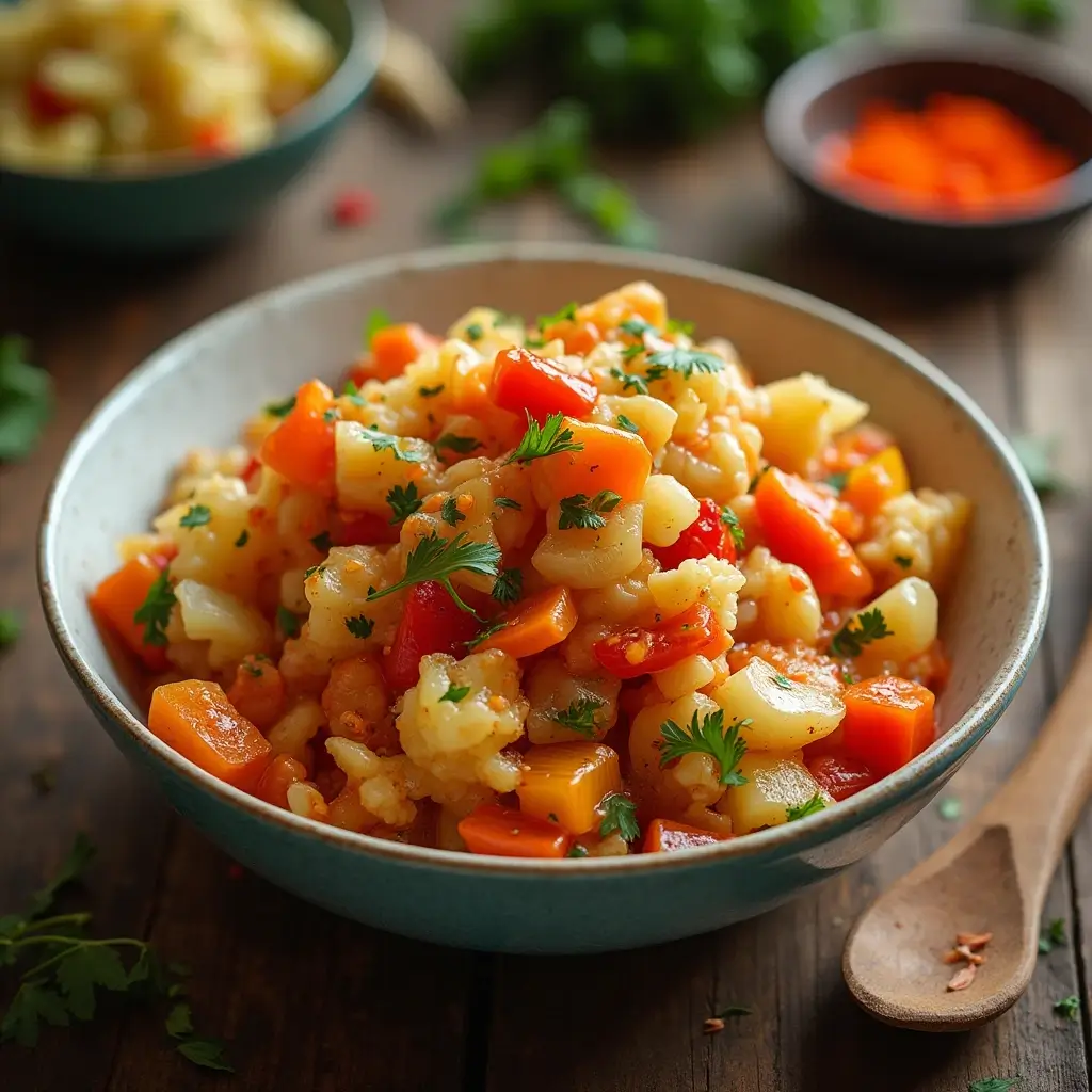 Close-up shot of a tangy Chow Chow Mixture with finely chopped pickled vegetables like carrots, cabbage, and bell peppers, glistening in a tangy brine