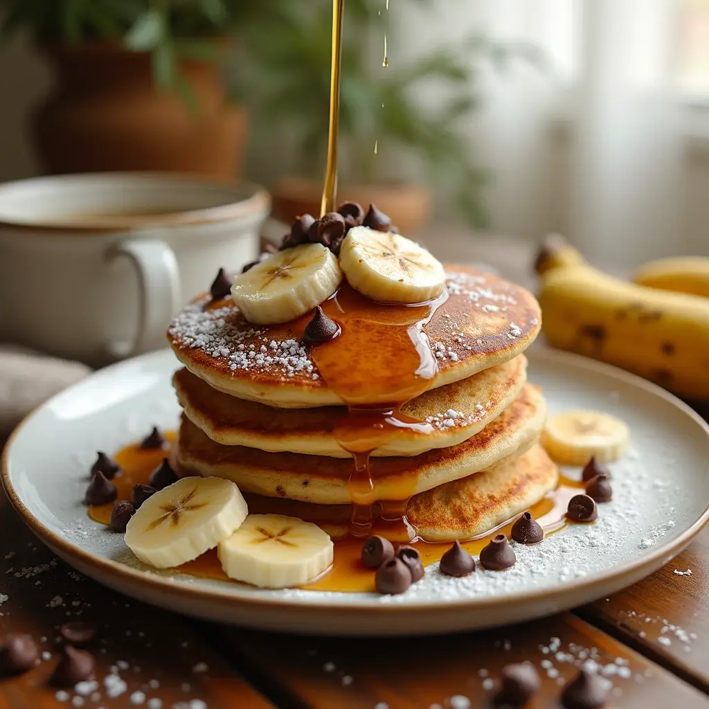 Banana chocolate chip pancakes served on a plate with a warm cup of coffee on the side