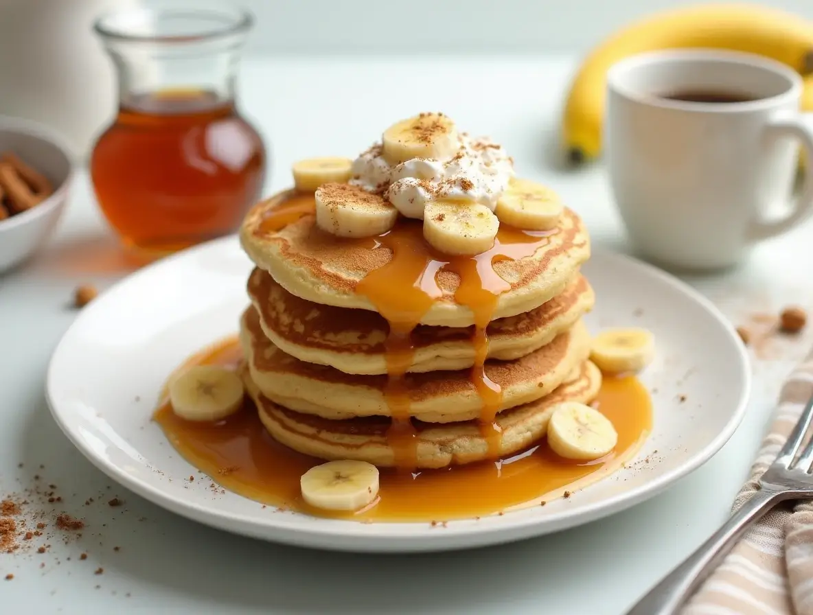 A plate of Banana Foster Pancakes topped with caramelized bananas and whipped cream