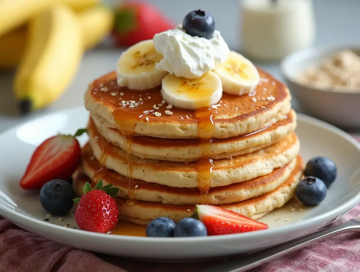Ingredients for protein banana pancakes including bananas, protein powder, oats, and eggs