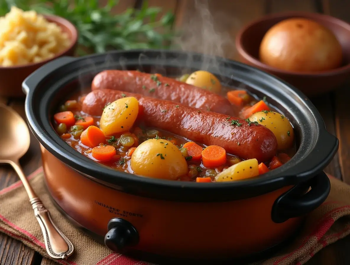Kielbasa sausage with potatoes and carrots in a crockpot