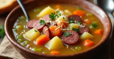 Kielbasa and potato soup in a rustic bowl, garnished with fresh parsley and served with a slice of crusty bread