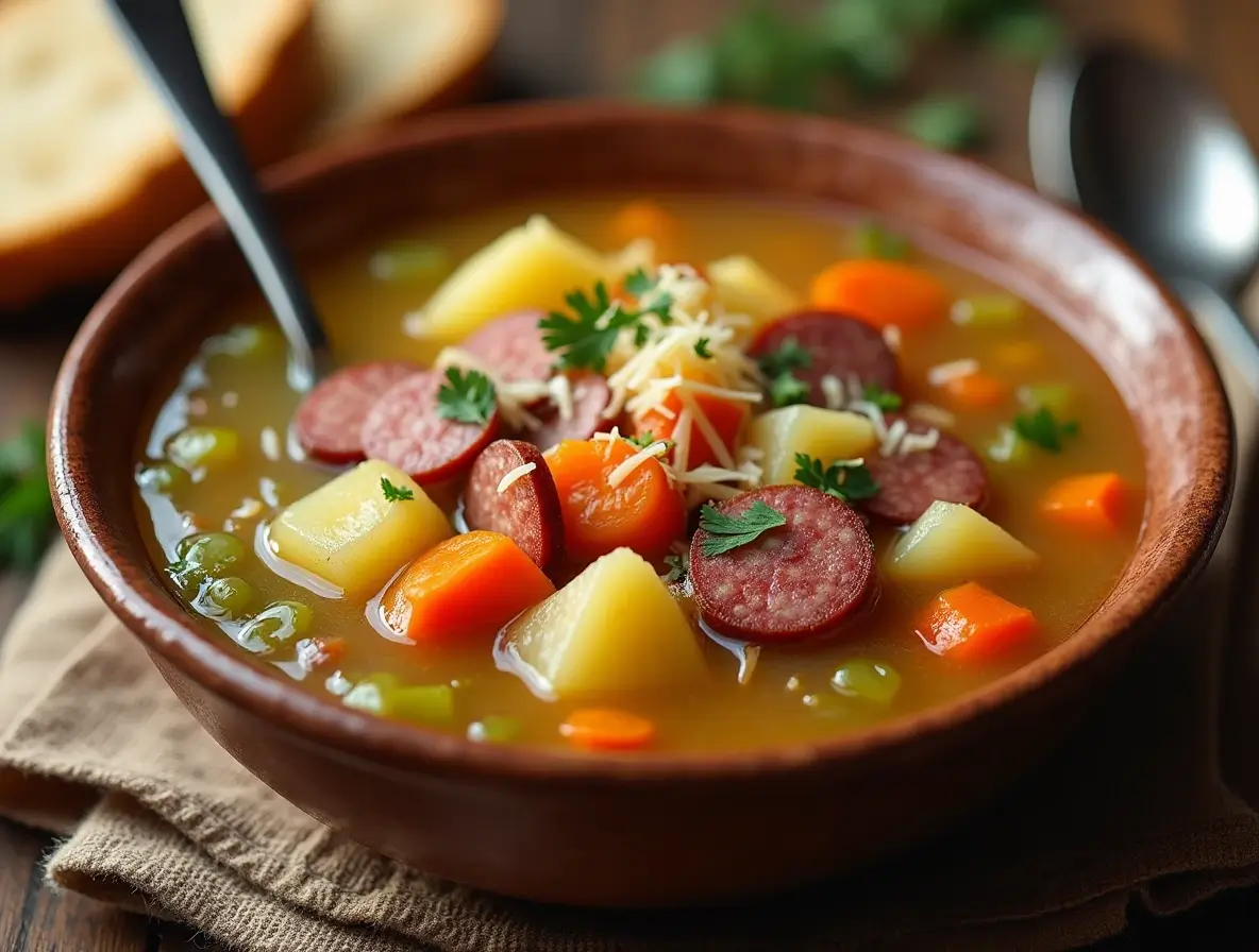 Kielbasa and potato soup in a rustic bowl, garnished with fresh parsley and served with a slice of crusty bread