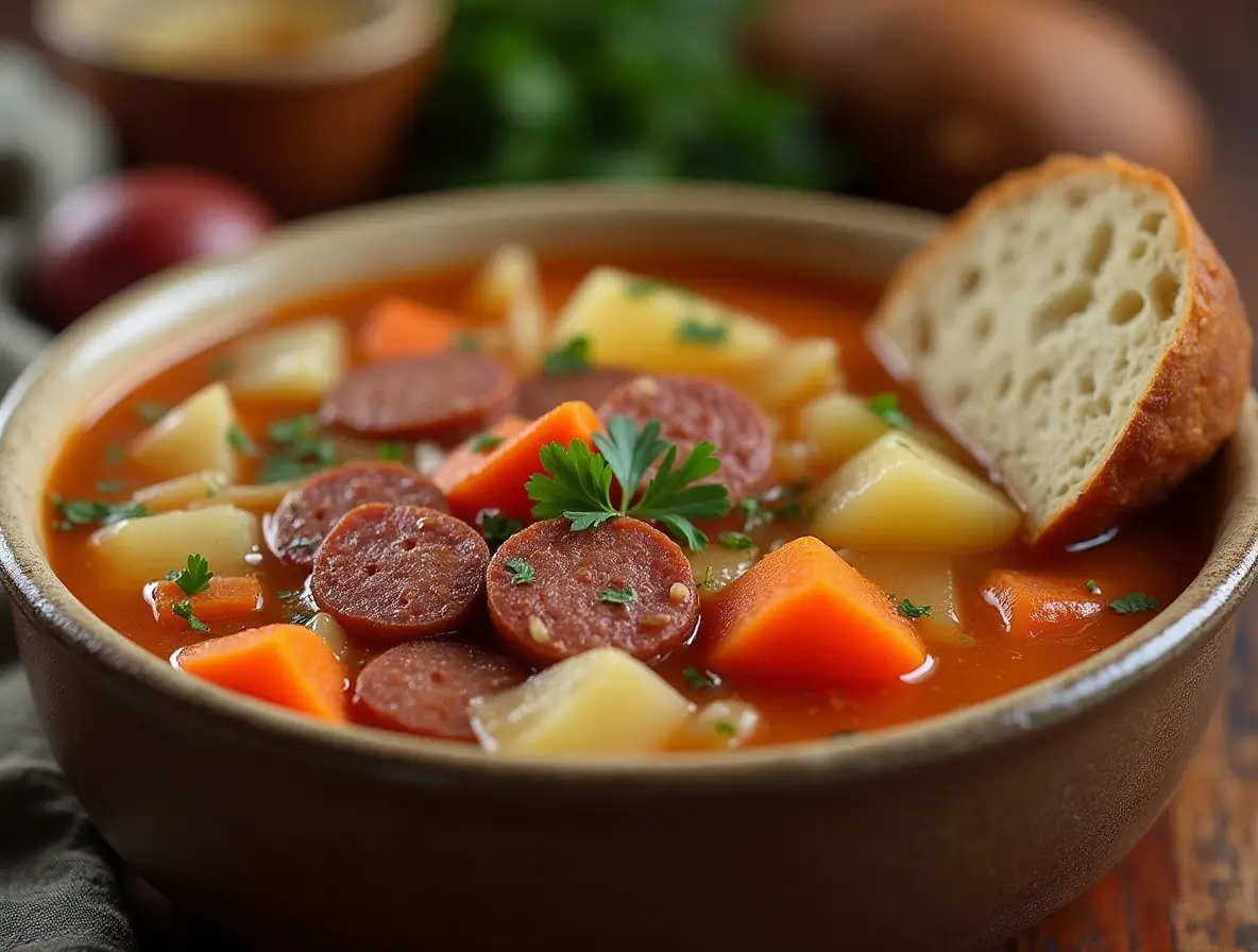 Delicious kielbasa soup with smoked sausage, potatoes, carrots, and cabbage in a hearty broth, garnished with fresh parsley