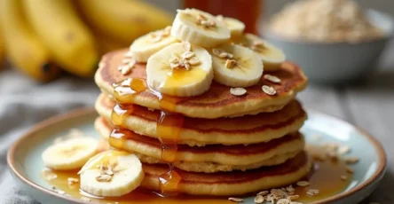 Fluffy banana oatmeal pancakes stacked on a plate with banana slices and maple syrup