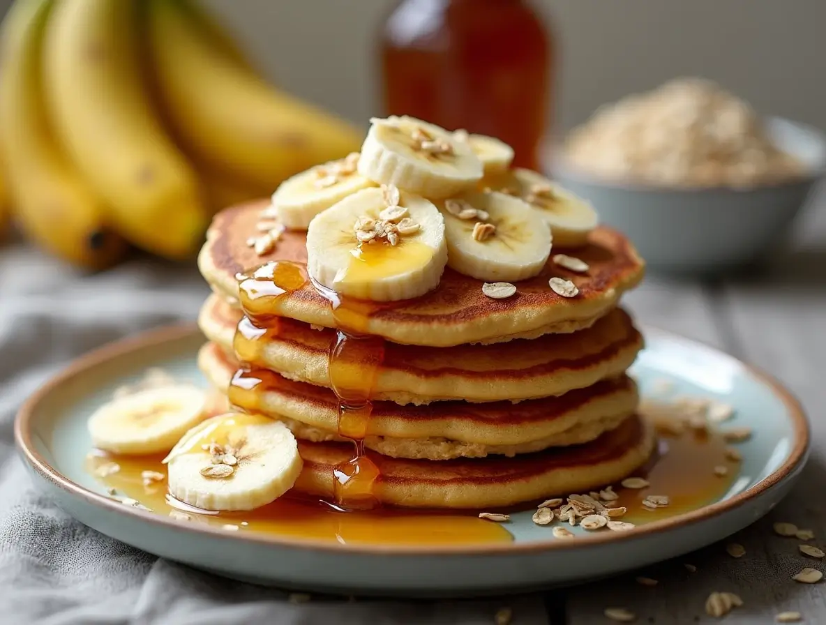 Fluffy banana oatmeal pancakes stacked on a plate with banana slices and maple syrup
