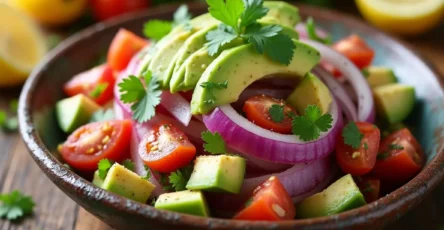 Fresh cebolla ensalada with red onions, avocado, and tomato in a rustic bowl