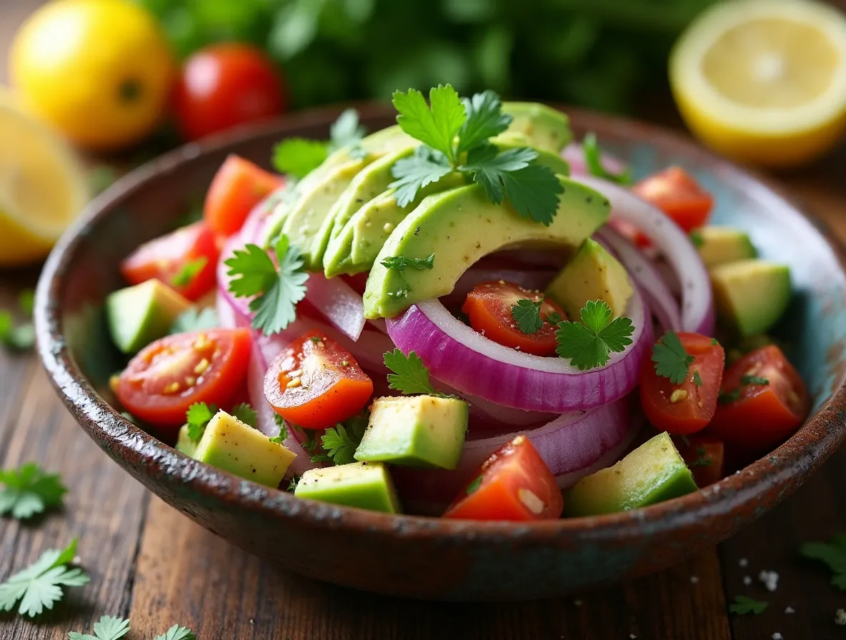 Fresh cebolla ensalada with red onions, avocado, and tomato in a rustic bowl