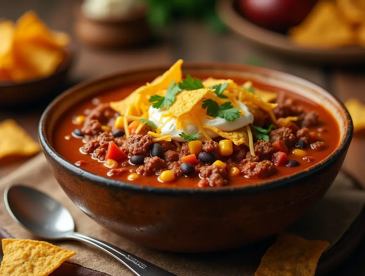 Taco Soup with Fritos Recipe topped with sour cream, cheese, and cilantro in a rustic bowl.